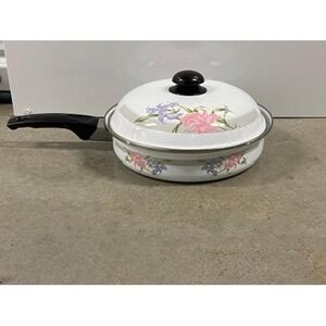Enamelware Skillet - 10" - Vintage 80s GMI Japan - Orchids, Irises - With Lid